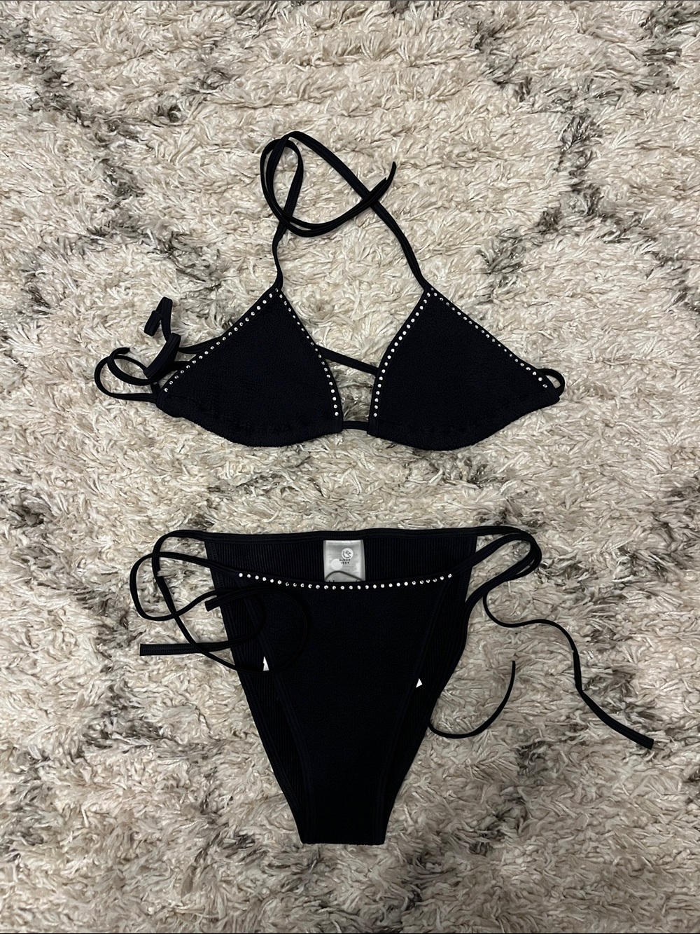 Hunza G Gina swarovski trim bikini top and bottom. One size. Black. New.